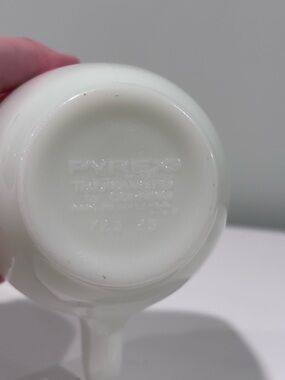 Pyrex milk glass coffee mug with blue stripe